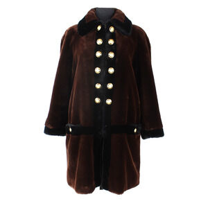 St. John Faux Fur Coat Collection Brown Black Zip Up Mid Length Gold Buttons S